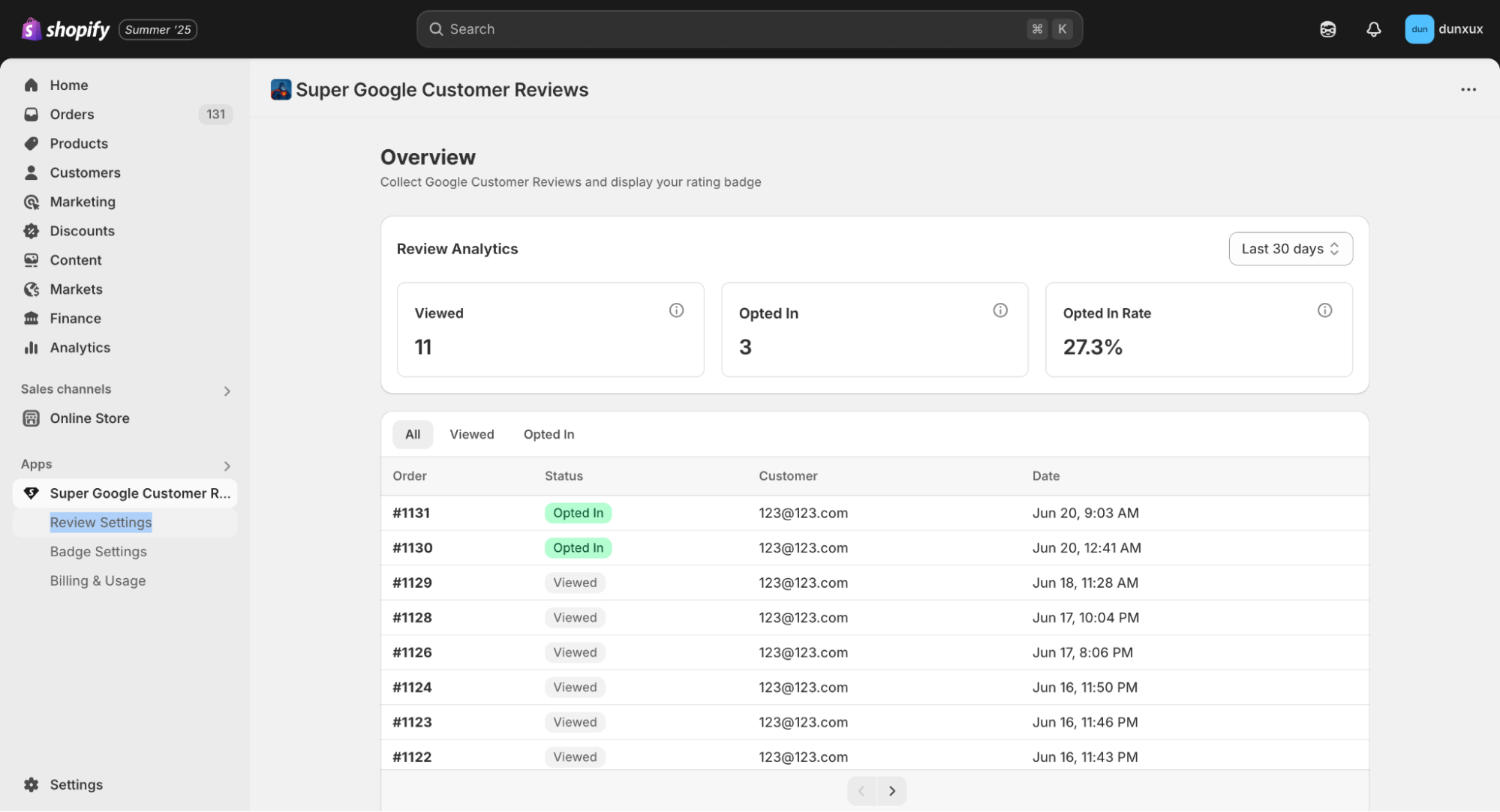 Super Google Customer Reviews app dashboard showing the main navigation with Review Settings highlighted in the sidebar